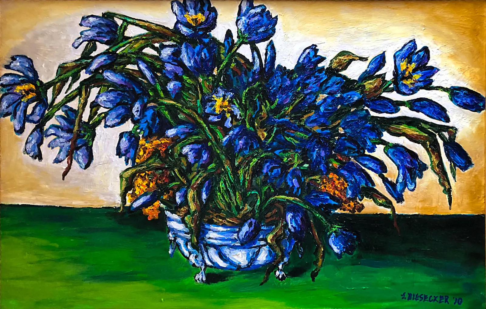 Blue Irises in a Silver Pot